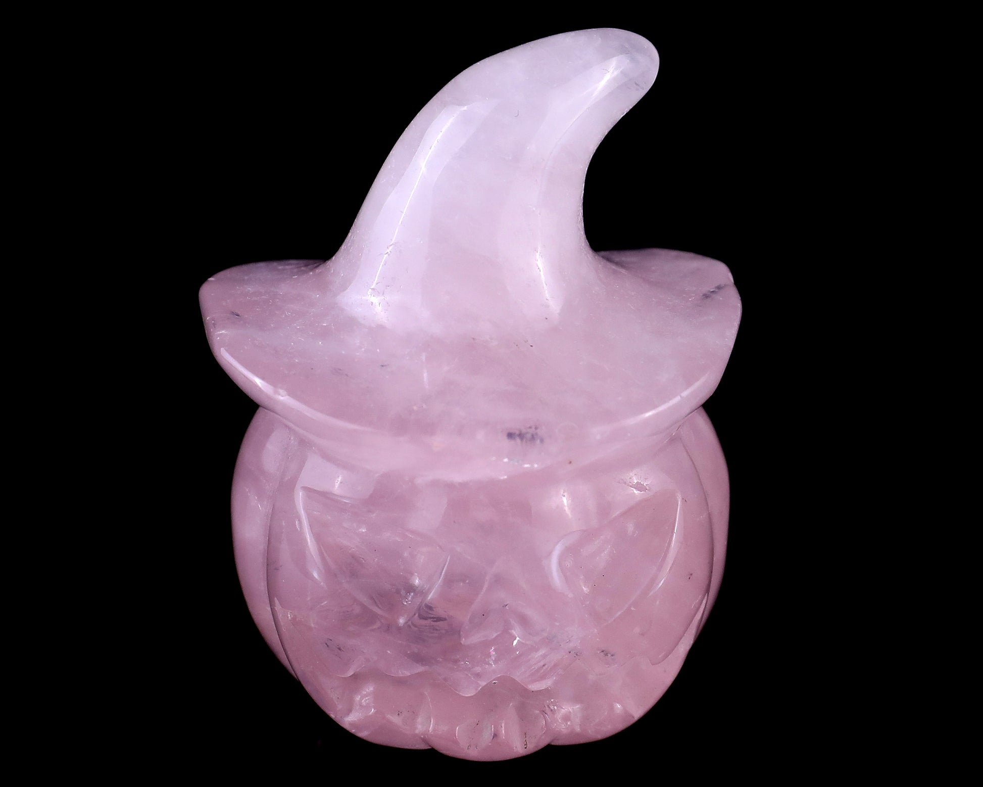 2.3” Natural Rose Quartz Hand Carved Crystal Wizard Pumpkin Sculpture, Halloween Gift Crystallumi