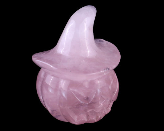 2.3” Natural Rose Quartz Hand Carved Crystal Wizard Pumpkin Sculpture, Halloween Gift Crystallumi