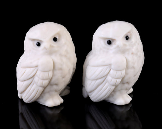 2.3" White Jade Hand Carved Crystal Owl Sculpture Crystallumi