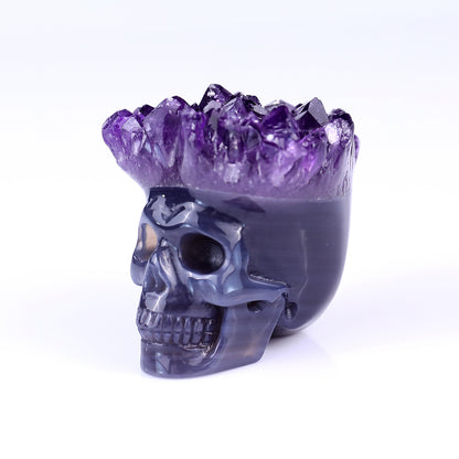 2.4" Amethyst Druse Agate Hand Carved Mineral Specimen Skull Sculpture Crystallumi