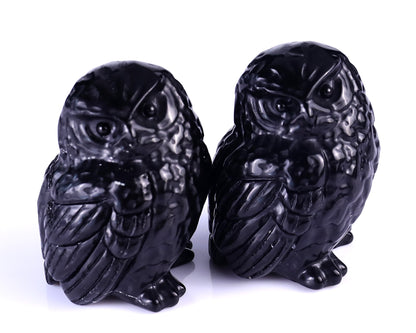 2.4" Black Obsidian Hand Carved Crystal Owl Sculpture Crystallumi