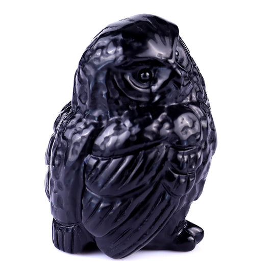 2.4" Black Obsidian Hand Carved Crystal Owl Sculpture Crystallumi