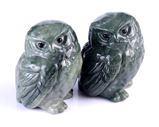 2.4" Jiulong Jade Hand Carved Crystal Owl Sculpture Crystallumi