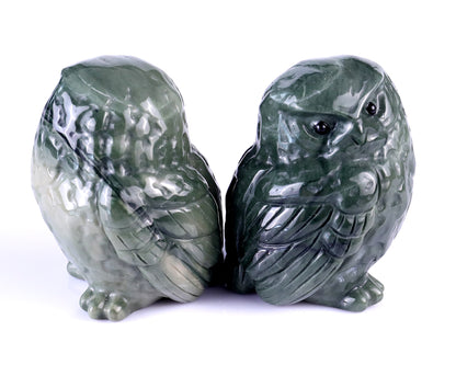 2.4" Jiulong Jade Hand Carved Crystal Owl Sculpture Crystallumi