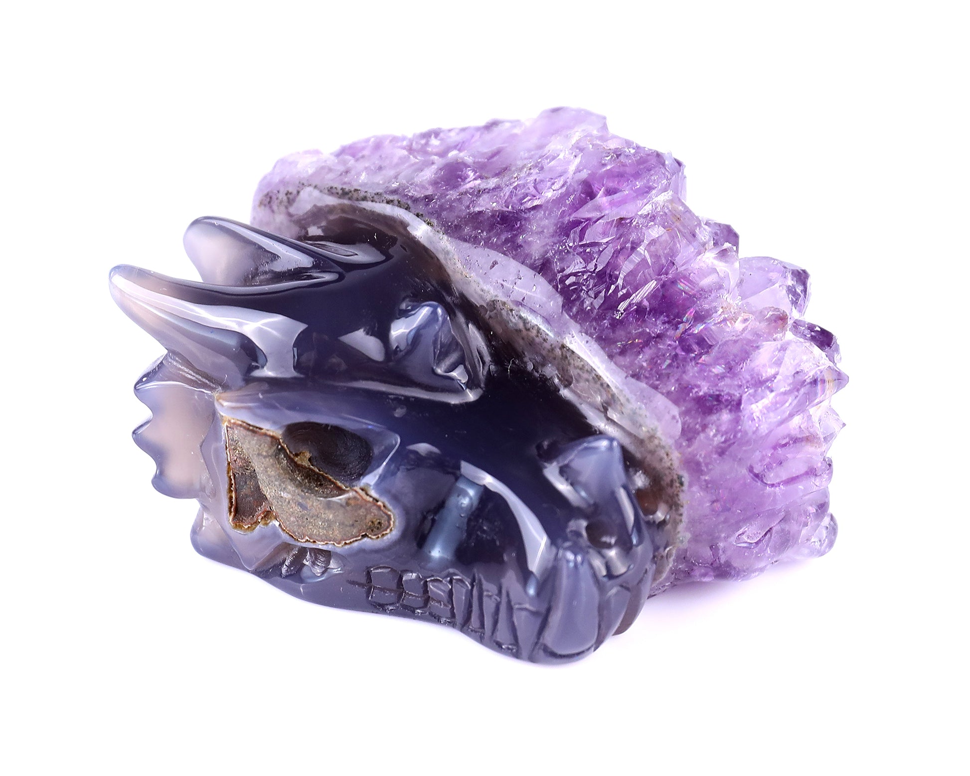 2.5" Amethyst Druse Agate Hand Carved Crystal Dragon Skull Sculpture Crystallumi