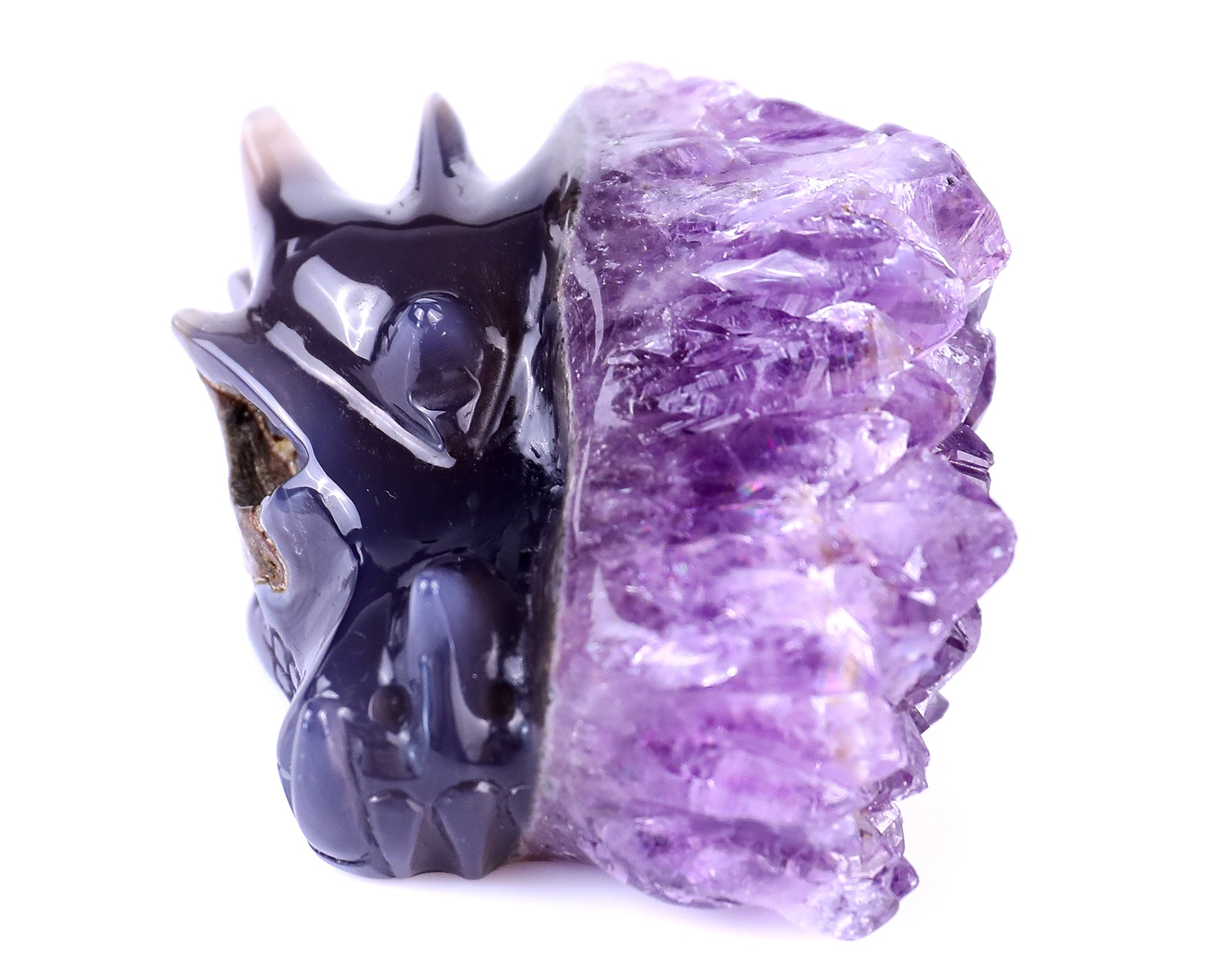 2.5" Amethyst Druse Agate Hand Carved Crystal Dragon Skull Sculpture Crystallumi