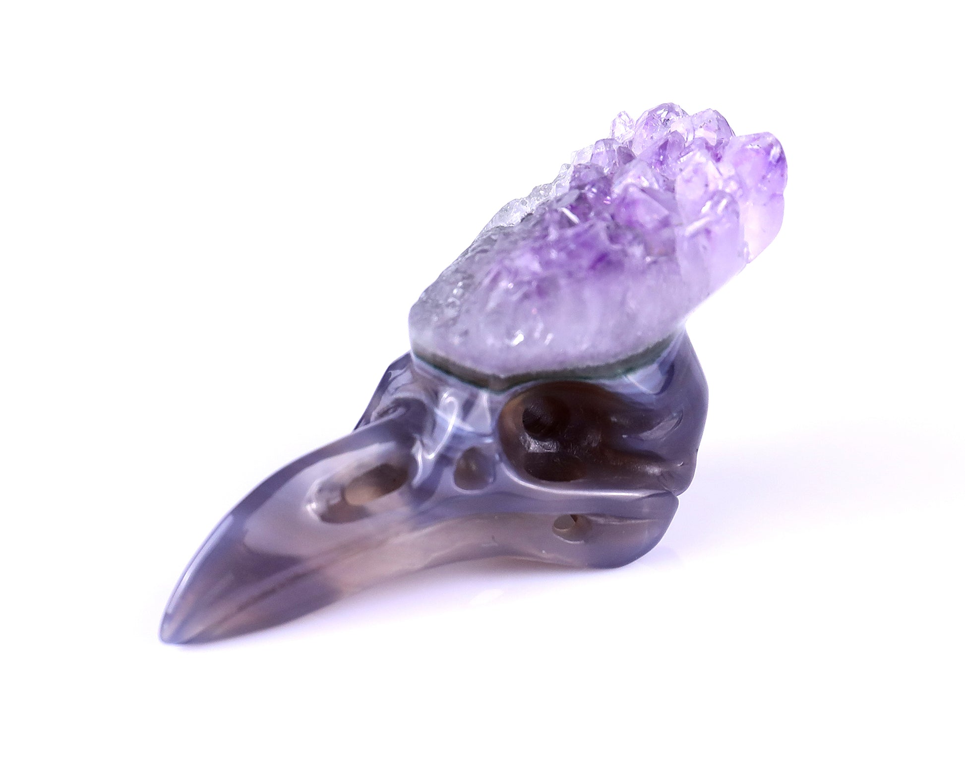 2.5" Amethyst Druse Agate Hand Carved Crystal Raven Skull Sculpture Crystallumi