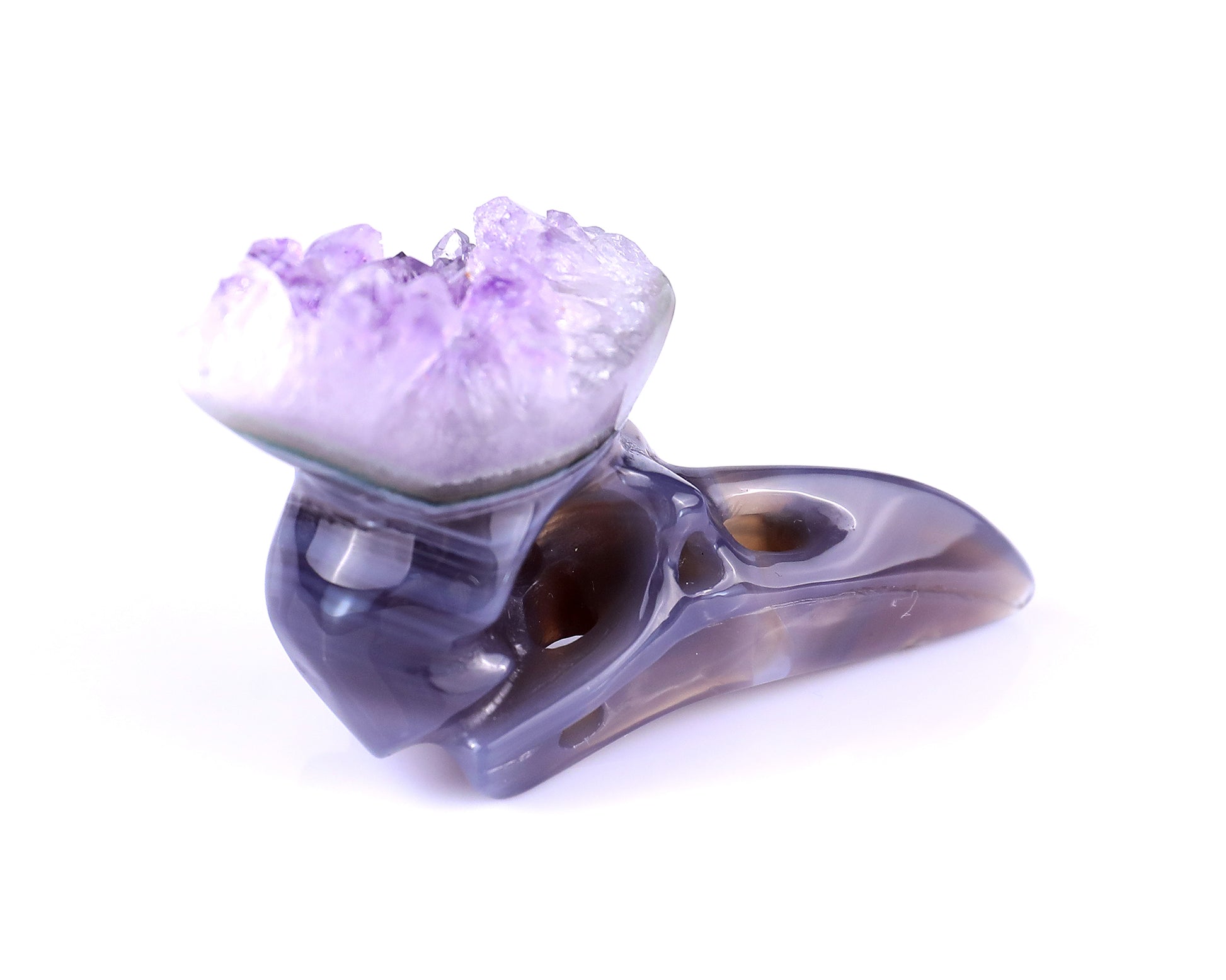 2.5" Amethyst Druse Agate Hand Carved Crystal Raven Skull Sculpture Crystallumi