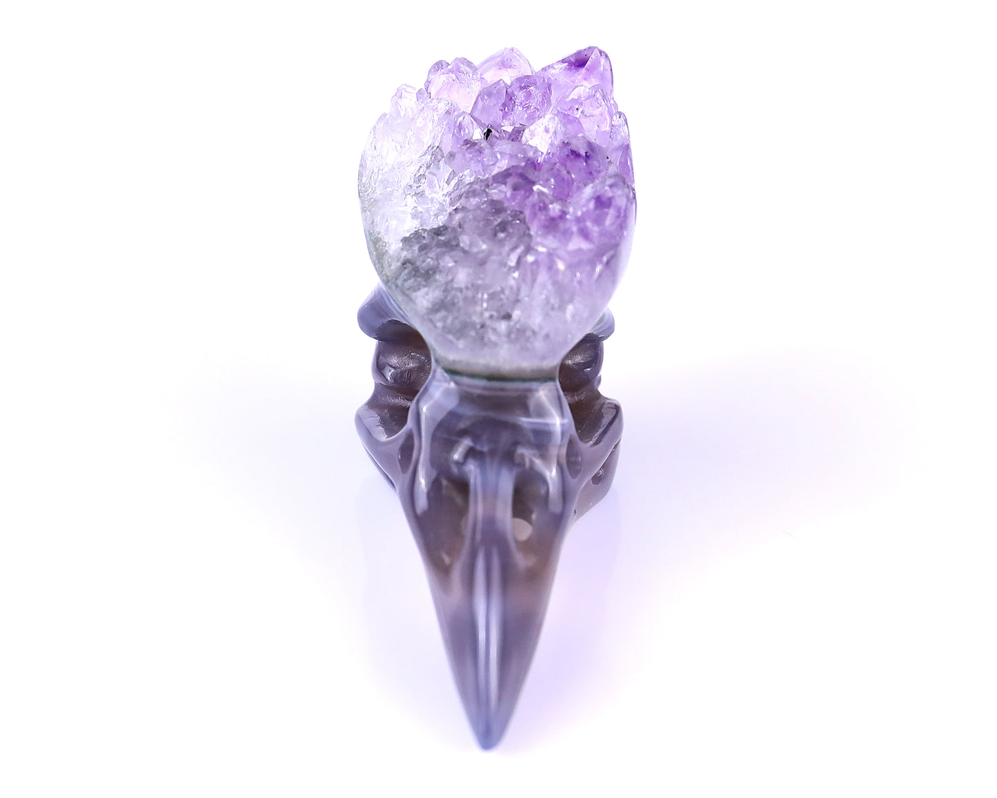 2.5" Amethyst Druse Agate Hand Carved Crystal Raven Skull Sculpture Crystallumi