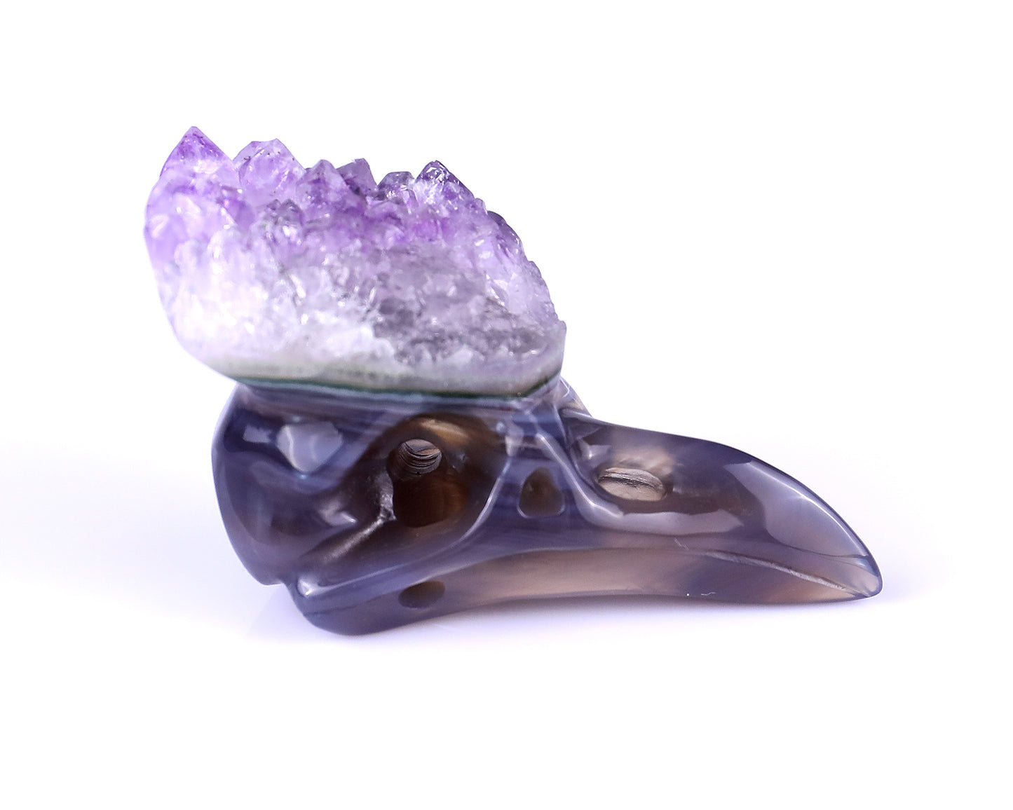 2.5" Amethyst Druse Agate Hand Carved Crystal Raven Skull Sculpture Crystallumi