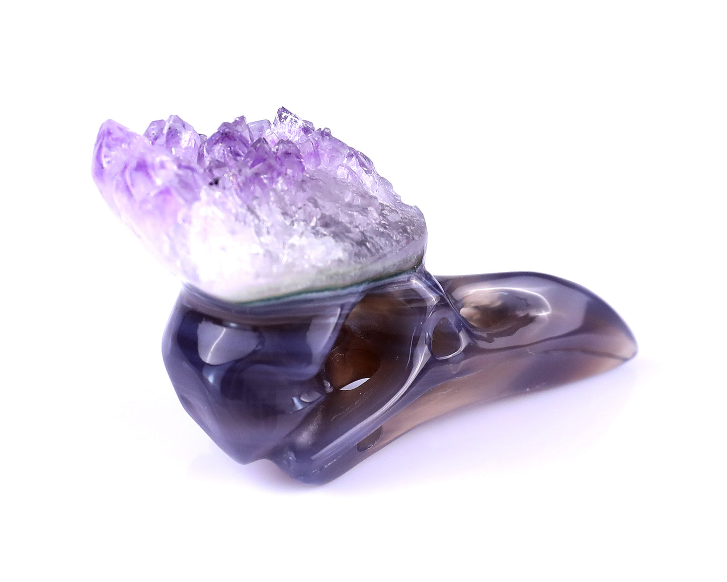 2.5" Amethyst Druse Agate Hand Carved Crystal Raven Skull Sculpture Crystallumi