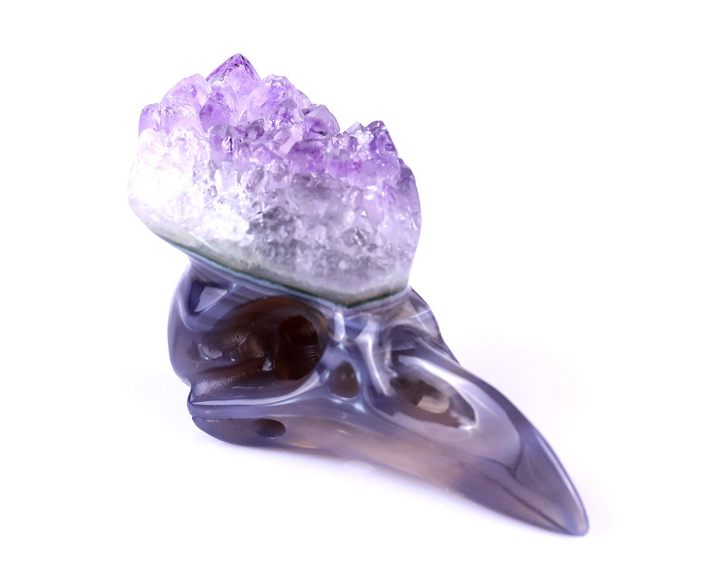 2.5" Amethyst Druse Agate Hand Carved Crystal Raven Skull Sculpture Crystallumi