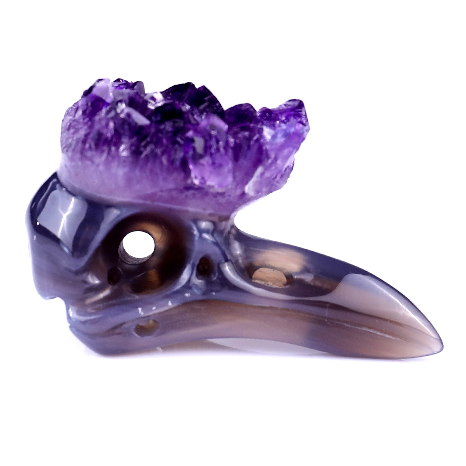 2.8" Amethyst Druse Agate Hand Carved Crystal Raven Skull Sculpture Crystallumi