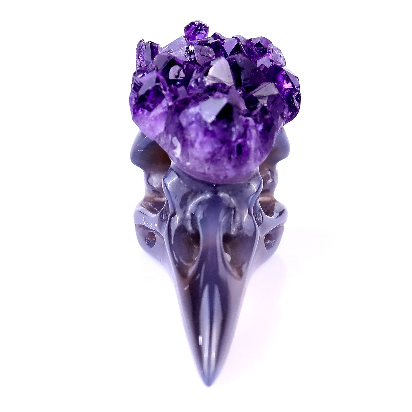 2.8" Amethyst Druse Agate Hand Carved Crystal Raven Skull Sculpture Crystallumi