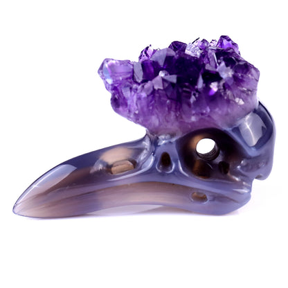 2.8" Amethyst Druse Agate Hand Carved Crystal Raven Skull Sculpture Crystallumi