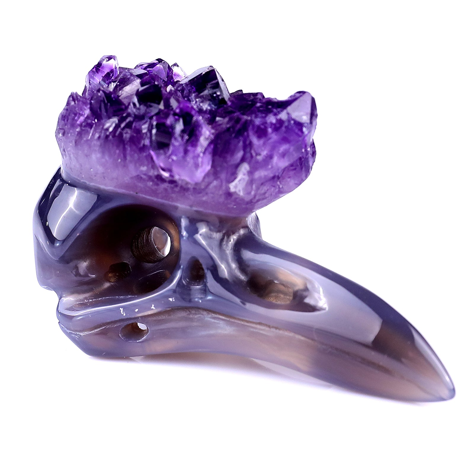 2.8" Amethyst Druse Agate Hand Carved Crystal Raven Skull Sculpture Crystallumi