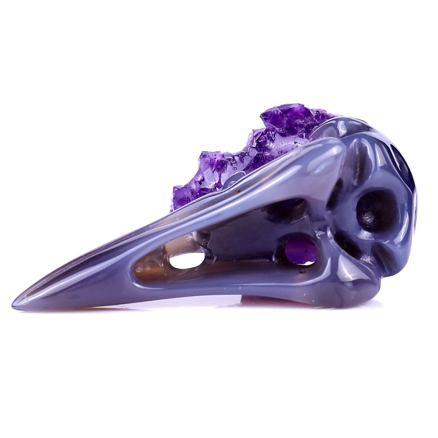 2.8" Amethyst Druse Agate Hand Carved Crystal Raven Skull Sculpture Crystallumi