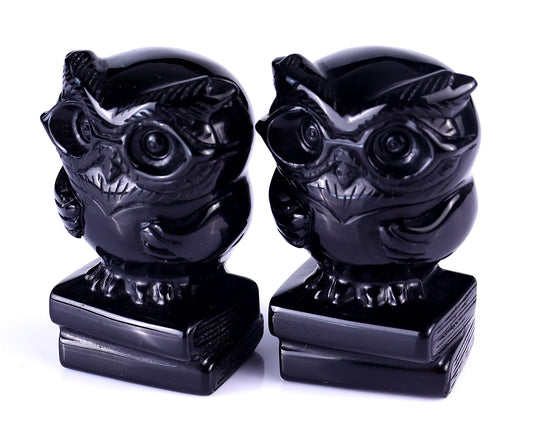 2.9" Black Obsidian Hand Carved Crystal Owl Sculpture Crystallumi