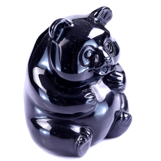 2.9" Black Obsidian Hand Carved Crystal Panda Sculpture Crystallumi