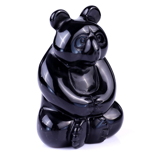 2.9" Black Obsidian Hand Carved Crystal Panda Sculpture Crystallumi