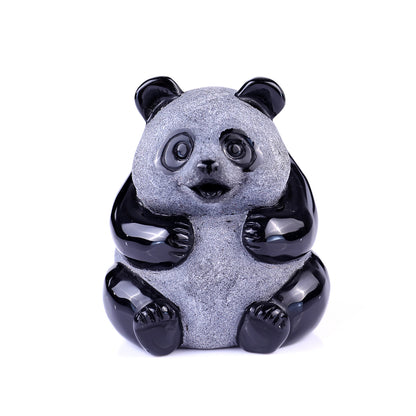 2.9" Black Obsidian Hand Carved Crystal Panda Sculpture Crystallumi