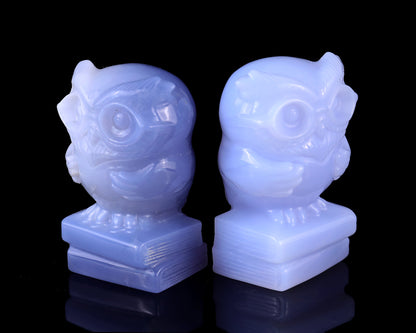 2.9" Blue Chalcedony Hand Carved Crystal Owl Sculpture Crystallumi