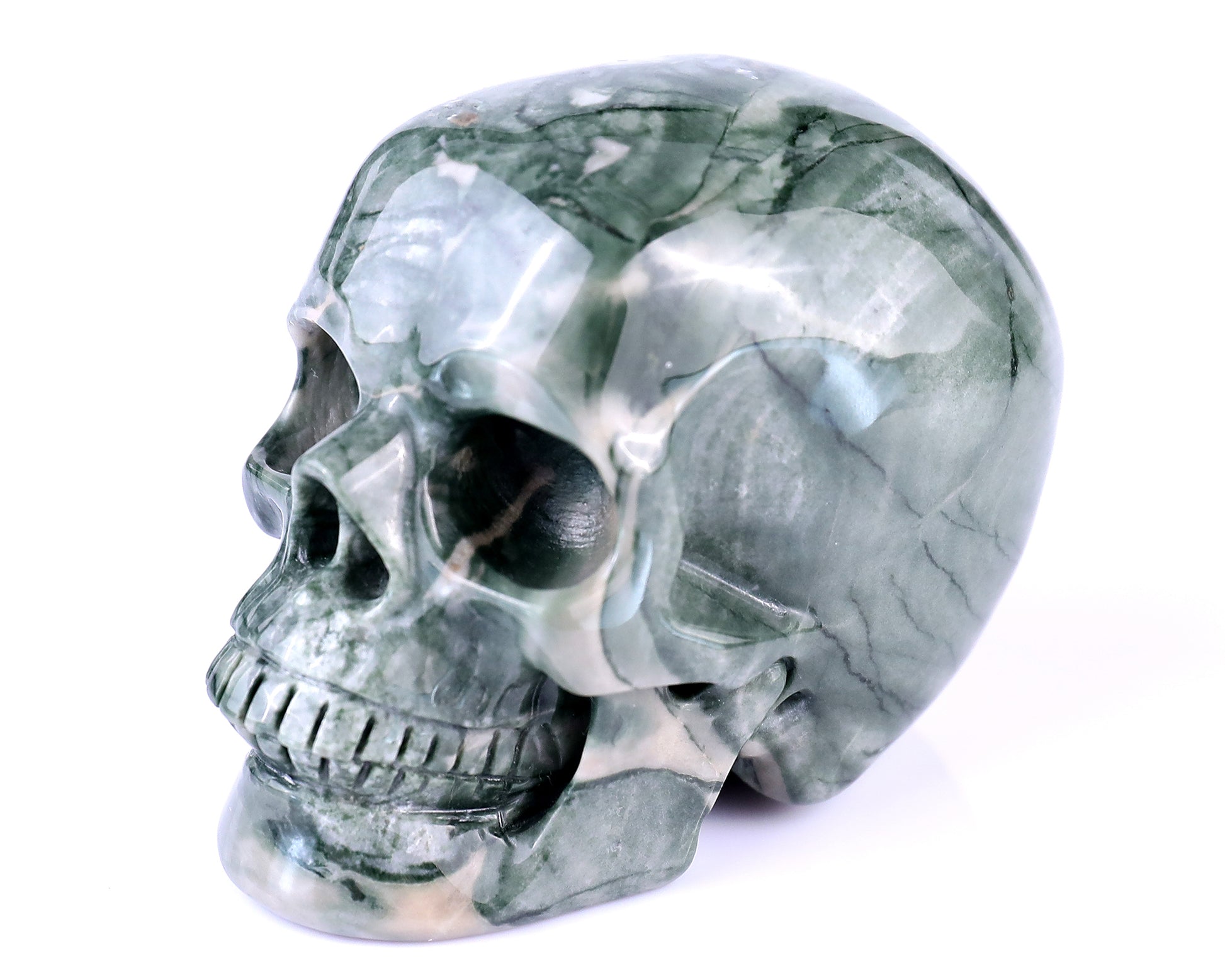 2.9" Jiulong Jade Hand Carved Crystal Realistic Skull Sculpture Crystallumi