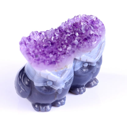 3.0" Amethyst Druse Agate Hand Carved Crystal Owls Sculpture