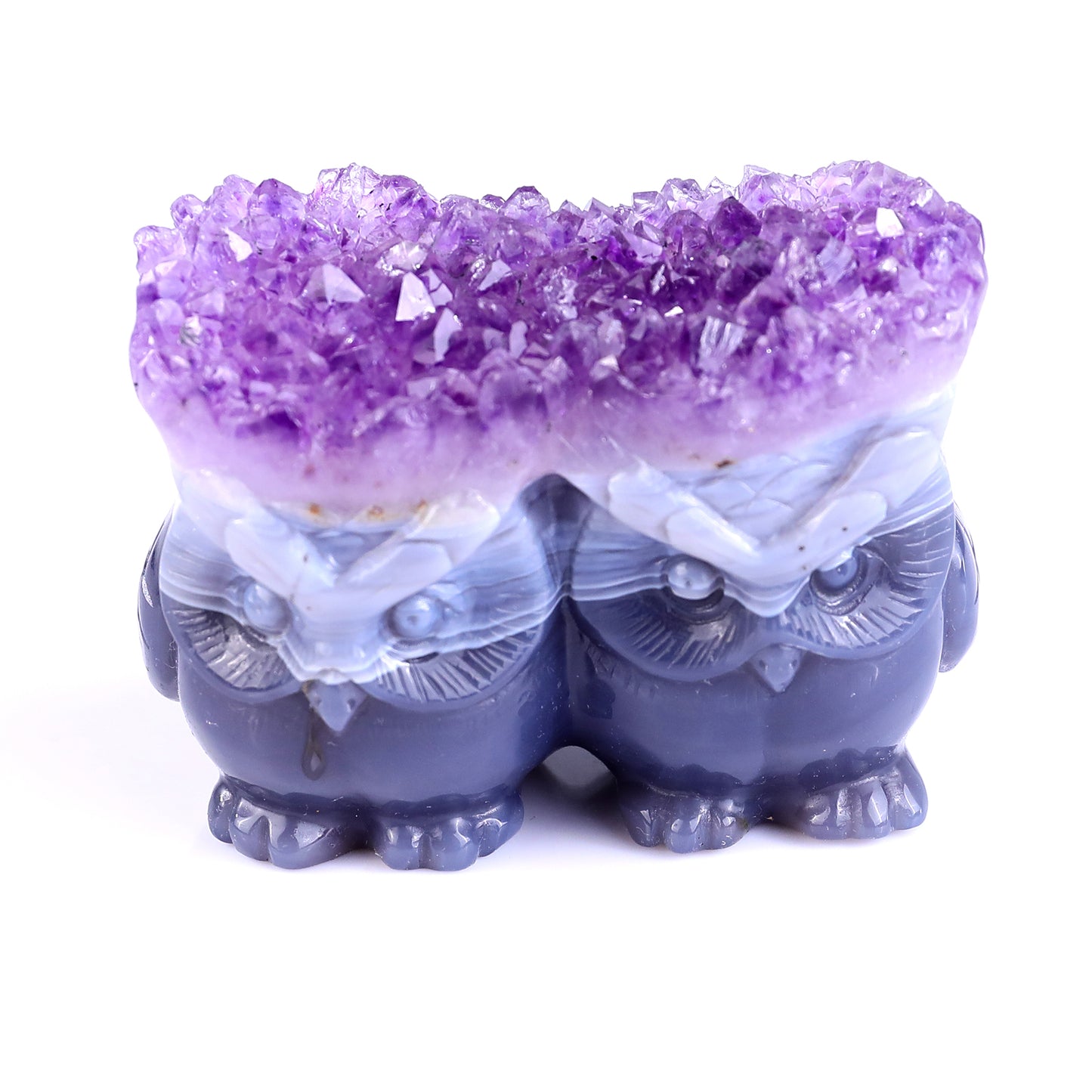 3.0" Amethyst Druse Agate Hand Carved Crystal Owls Sculpture