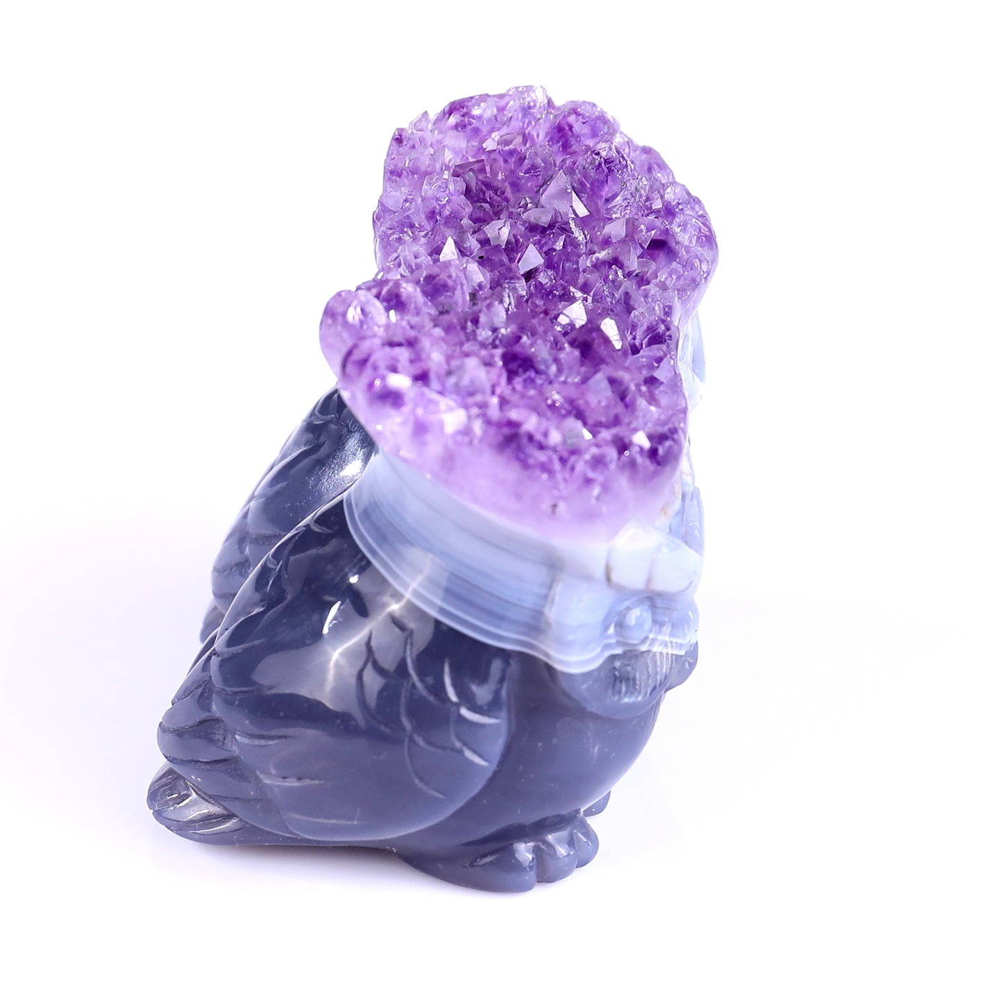 3.0" Amethyst Druse Agate Hand Carved Crystal Owls Sculpture