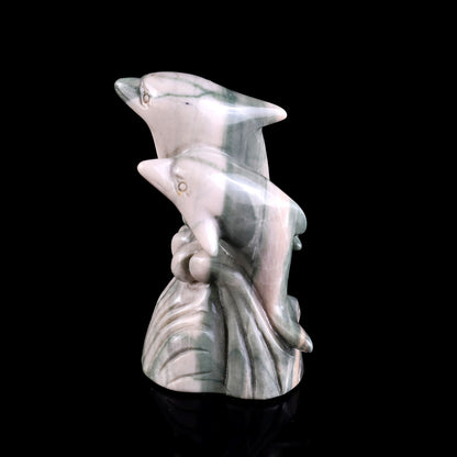 3.2" Jiulong Jade Hand Carved Crystal Dolphins Sculpture