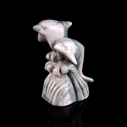 3.2" Jiulong Jade Hand Carved Crystal Dolphins Sculpture