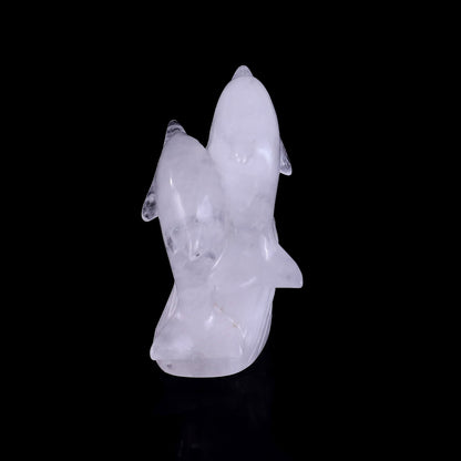 3.2" Angolan Quartz Rock Hand Carved Crystal Dolphins Sculpture