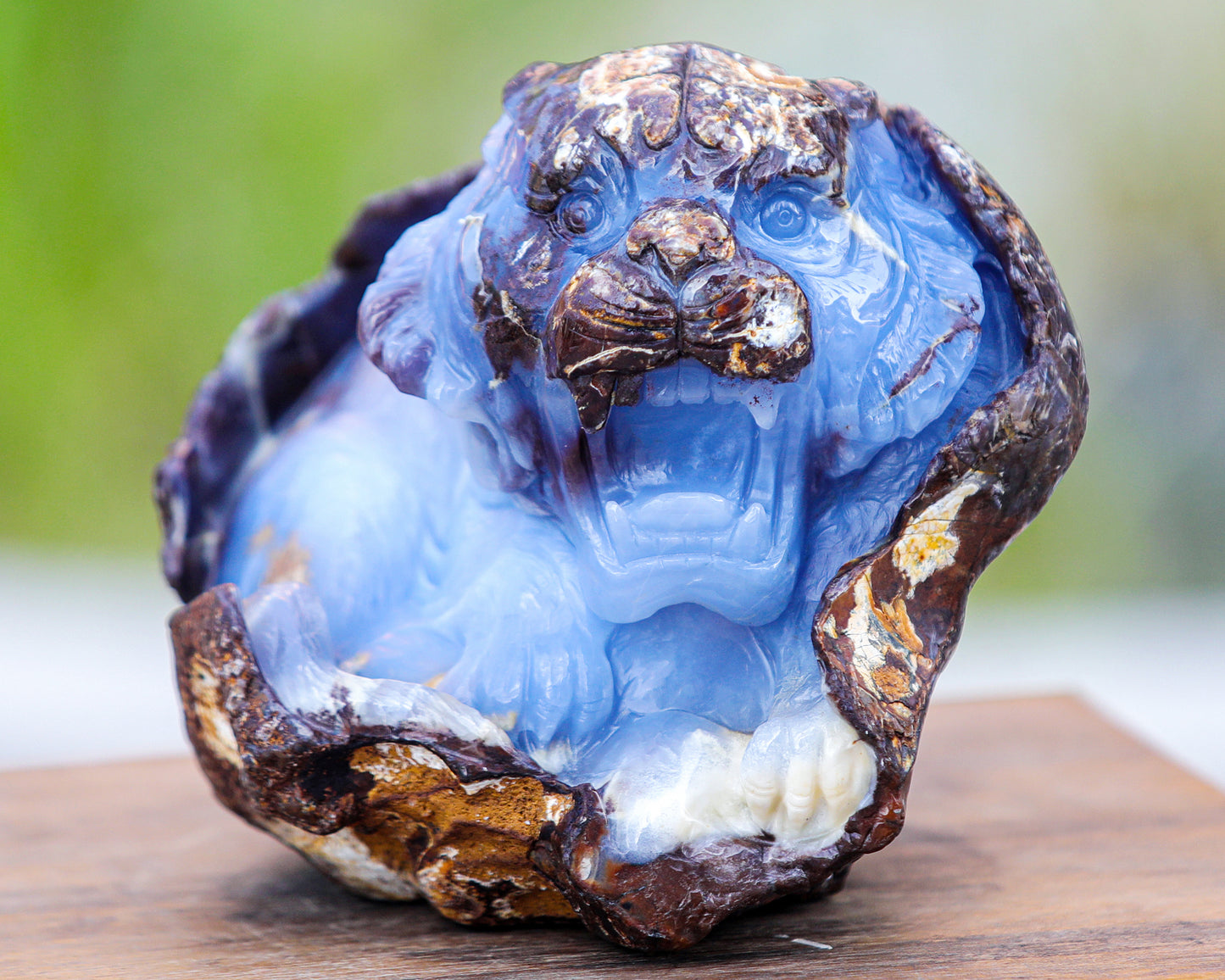 7.9" Blue Chalcedony Hand Carved Crystal Tiger Sculpture