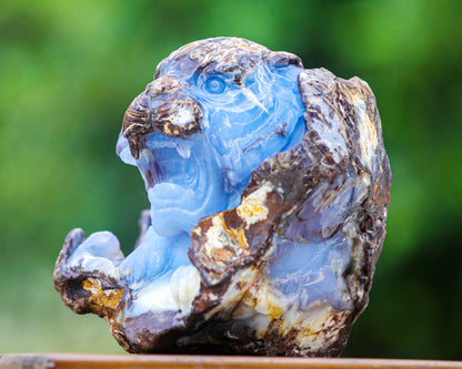 7.9" Blue Chalcedony Hand Carved Crystal Tiger Sculpture