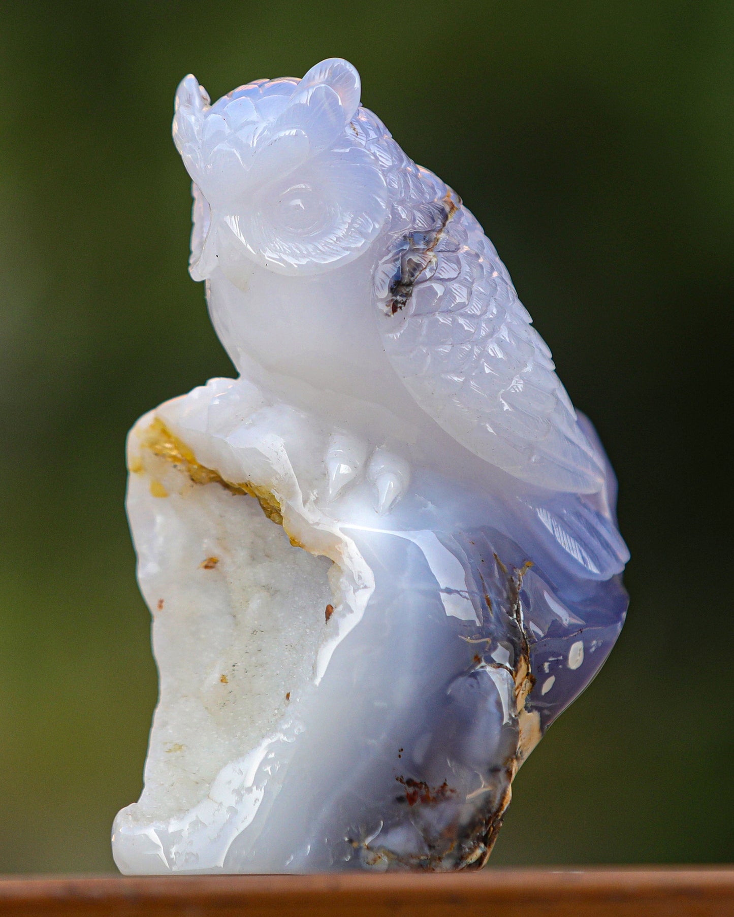 6.5" Blue Chalcedony Hand Carved Crystal Owl Sculpture