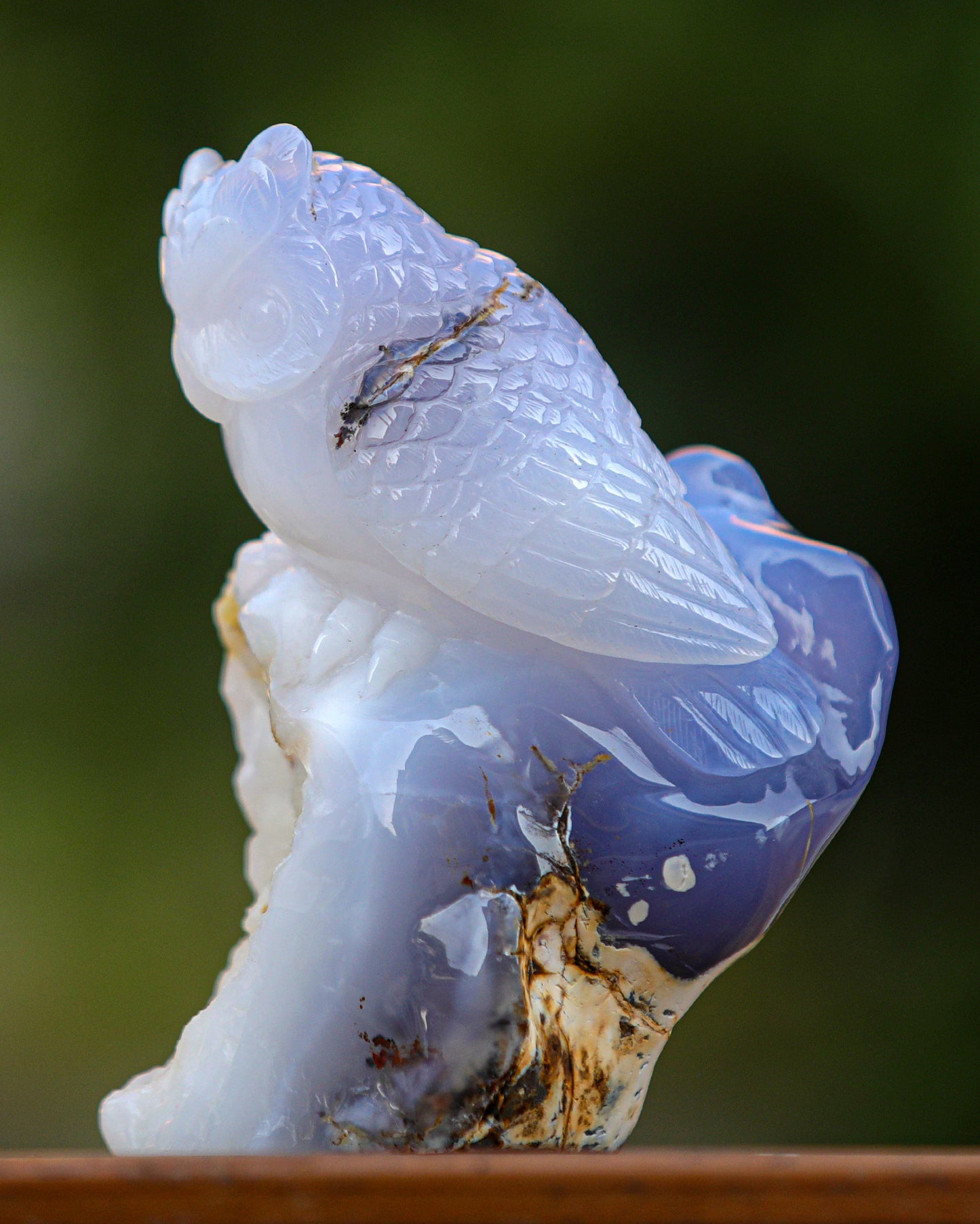 6.5" Blue Chalcedony Hand Carved Crystal Owl Sculpture