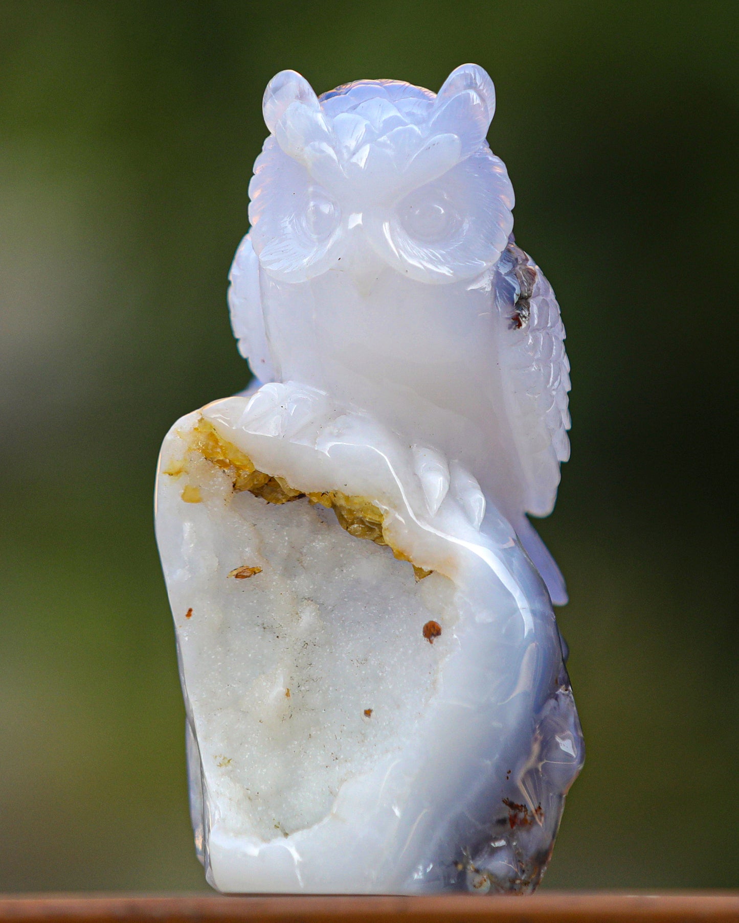 6.5" Blue Chalcedony Hand Carved Crystal Owl Sculpture