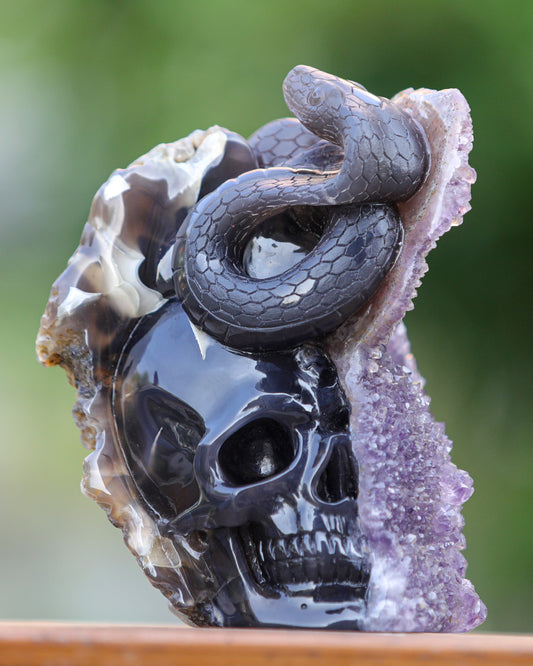 Unique 6.6" Amethyst Geode Agate Hand Carved Crystal Skull and Snake Sculpture