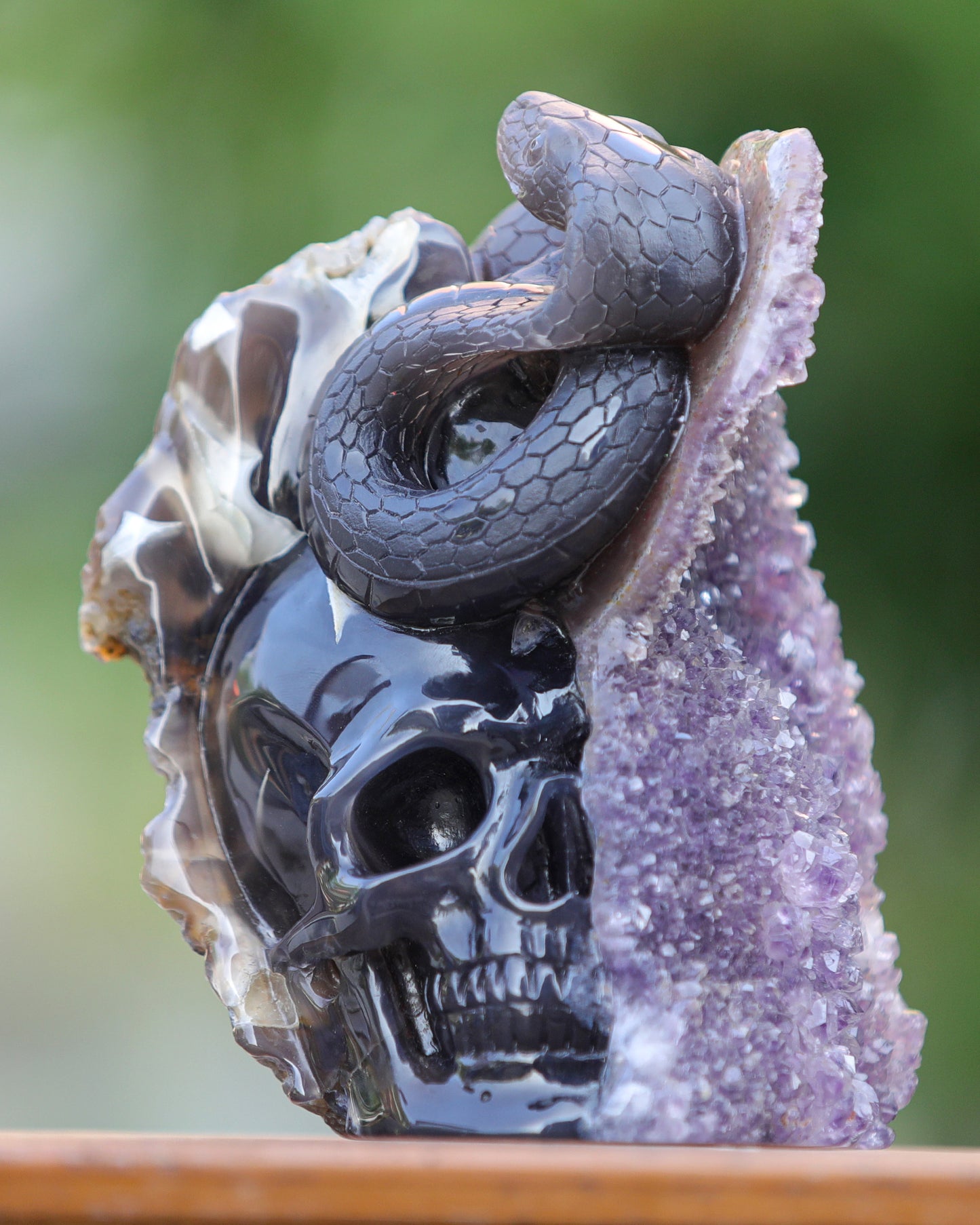 Unique 6.6" Amethyst Geode Agate Hand Carved Crystal Skull and Snake Sculpture