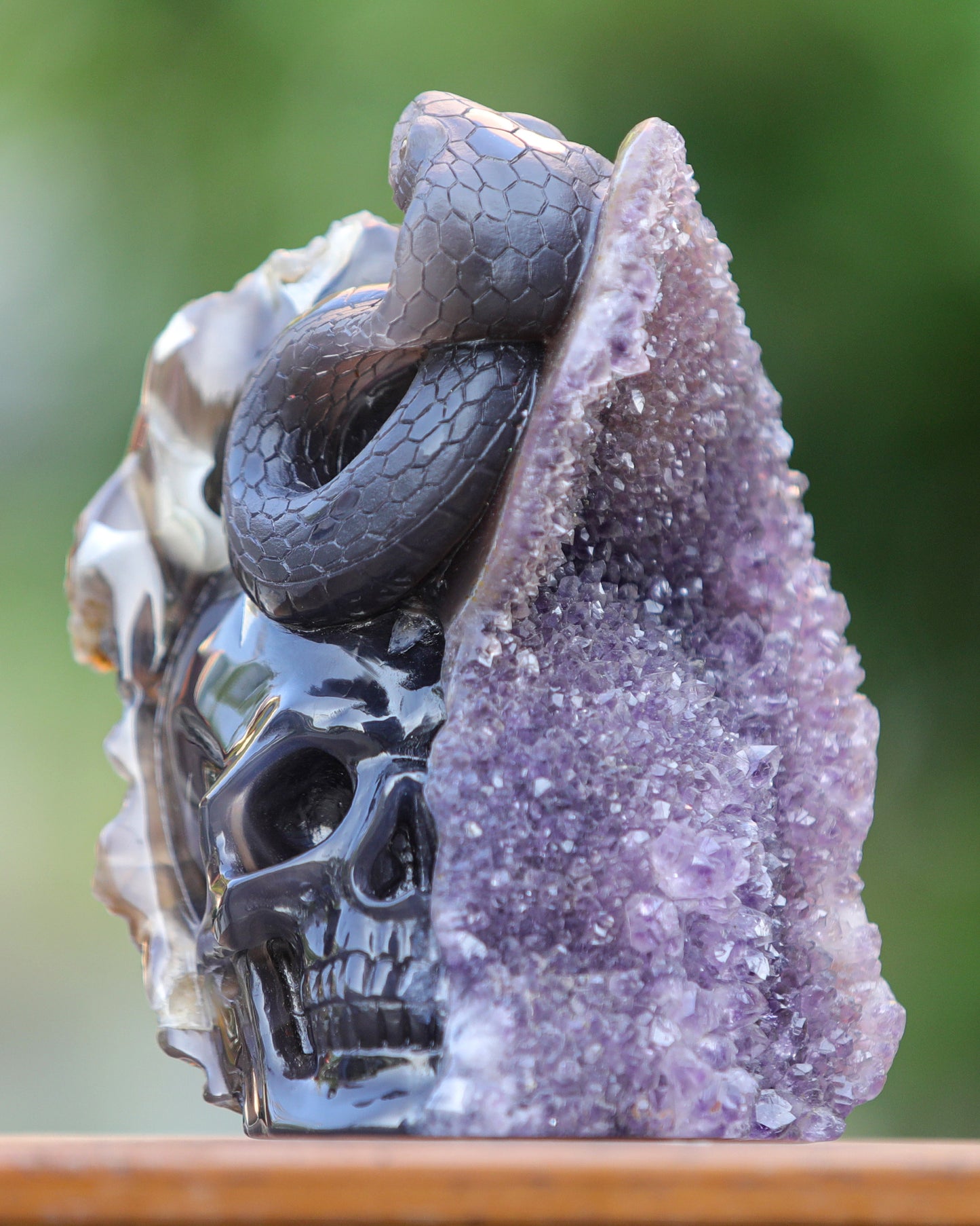 Unique 6.6" Amethyst Geode Agate Hand Carved Crystal Skull and Snake Sculpture