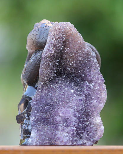 Unique 6.6" Amethyst Geode Agate Hand Carved Crystal Skull and Snake Sculpture