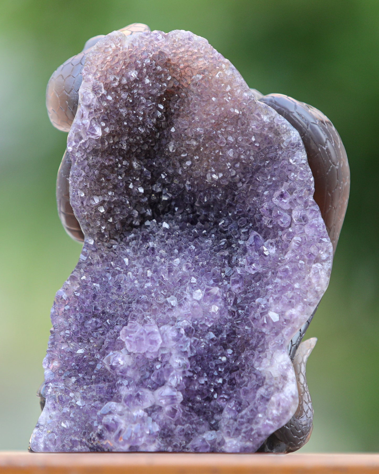 Unique 6.6" Amethyst Geode Agate Hand Carved Crystal Skull and Snake Sculpture