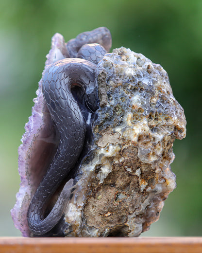 Unique 6.6" Amethyst Geode Agate Hand Carved Crystal Skull and Snake Sculpture