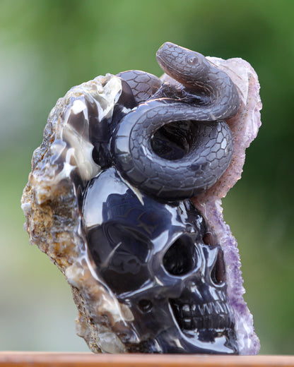 Unique 6.6" Amethyst Geode Agate Hand Carved Crystal Skull and Snake Sculpture