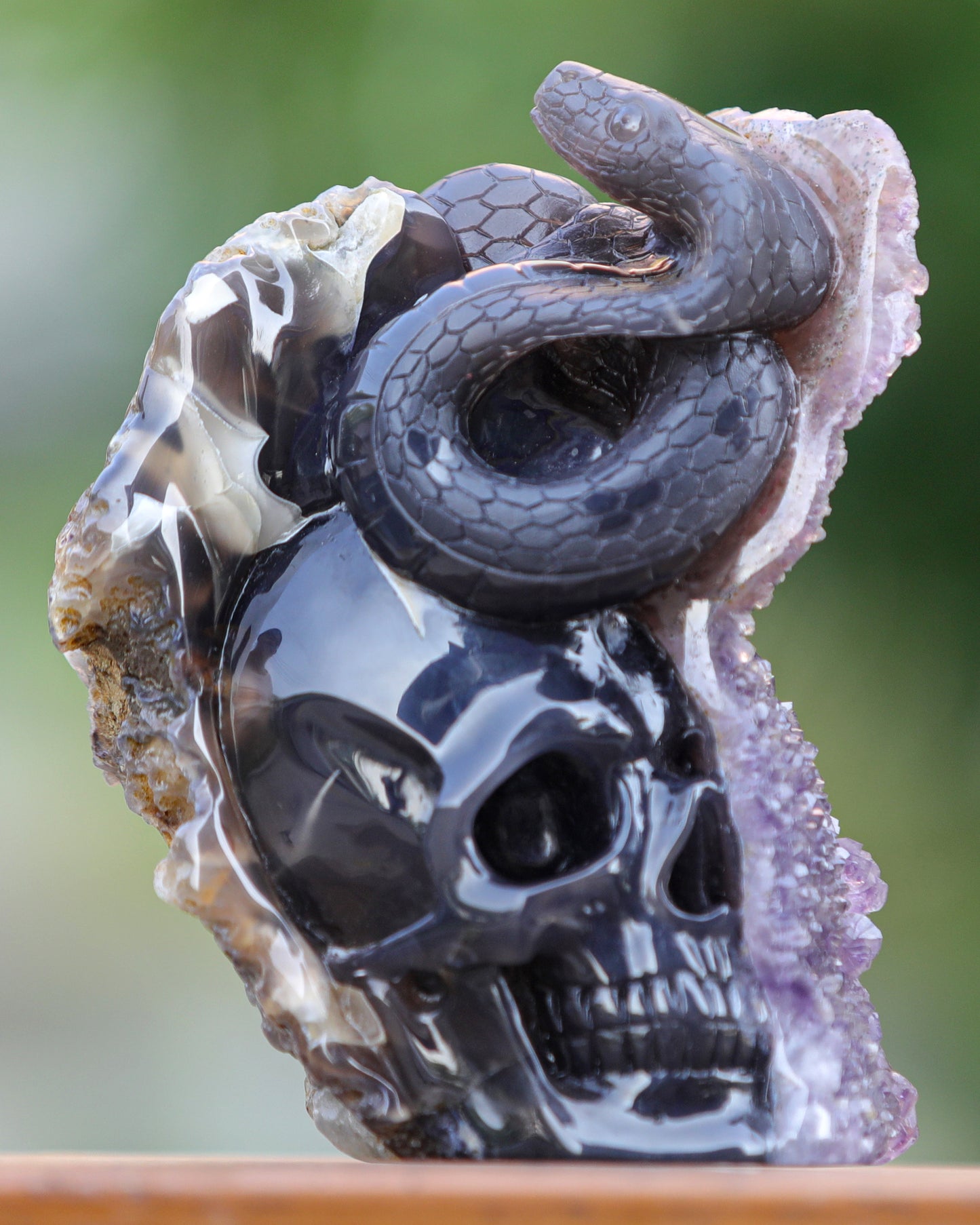 Unique 6.6" Amethyst Geode Agate Hand Carved Crystal Skull and Snake Sculpture