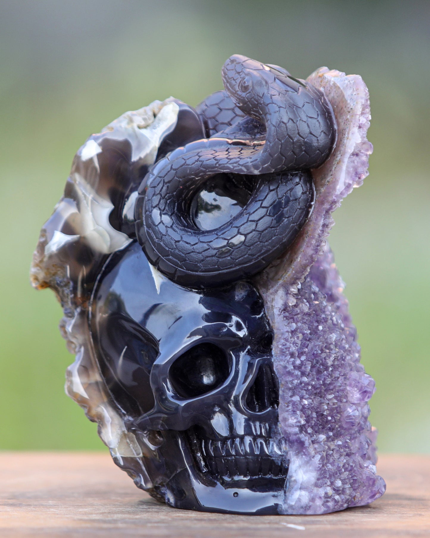 Unique 6.6" Amethyst Geode Agate Hand Carved Crystal Skull and Snake Sculpture