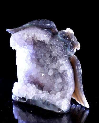 6.0" Natural Amethyst Druse Agate Hand Carved Crystal Owl Sculpture