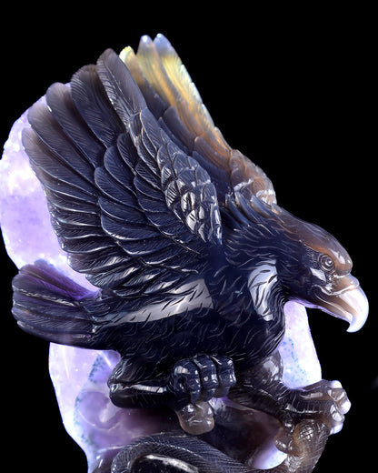 9.0" Natural Amethyst Druse Agate Hand Carved Crystal Eagle Catching Snake Sculpture