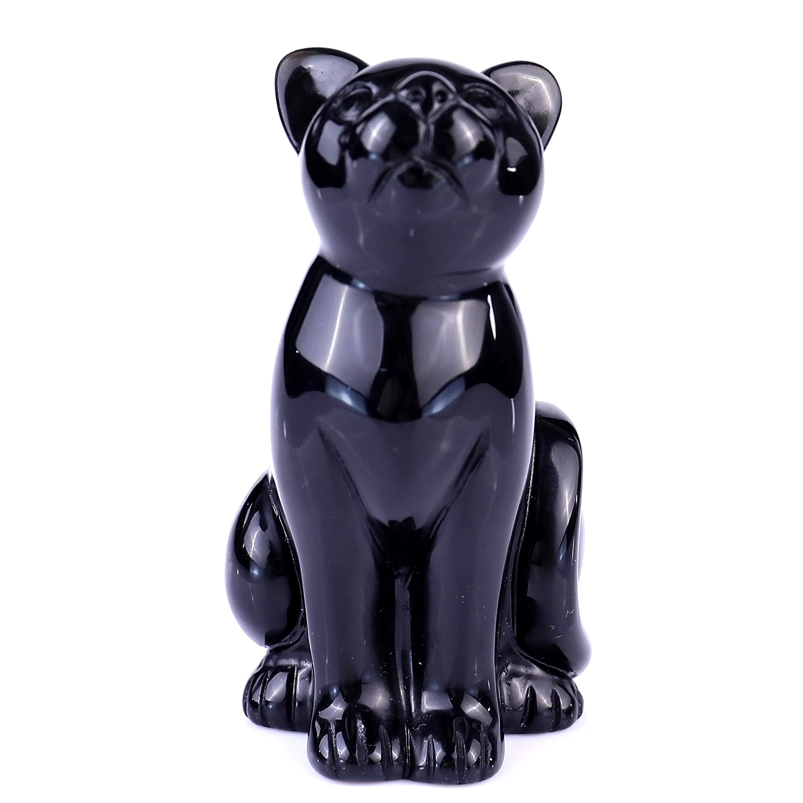 3.0" Black Obsidian Hand Carved Crystal Cat Sculpture Crystallumi